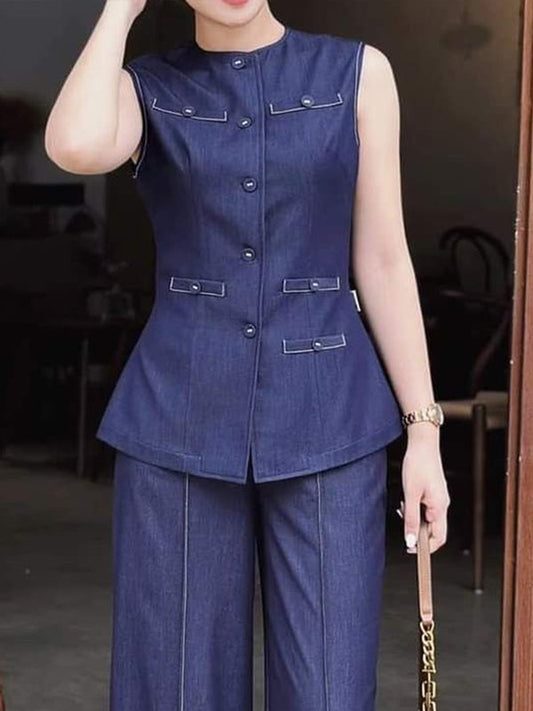 Loose Sleeveless Buttoned Pockets Solid Color Round-Neck Vest Top