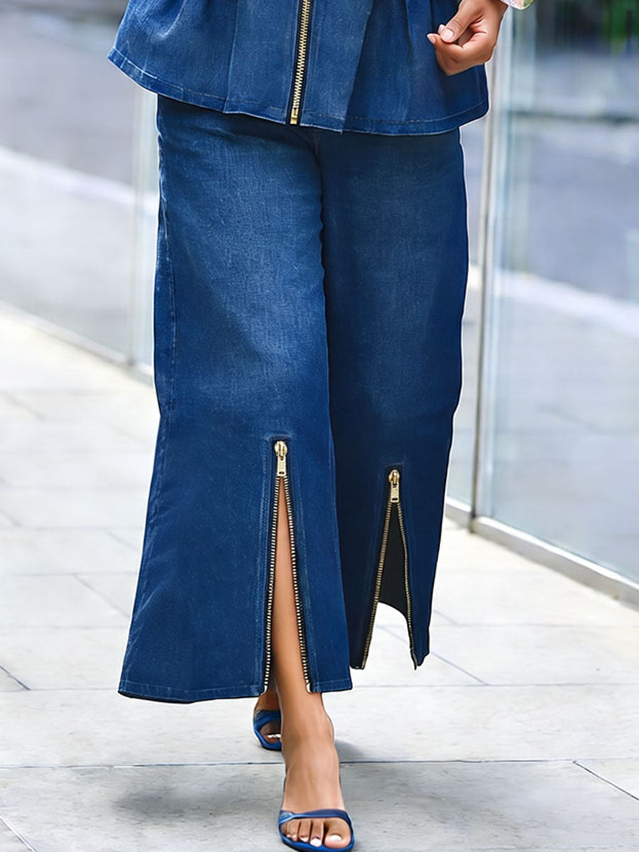 Zipper Solid Color Pockets Wide Leg Cropped Jean Pants Bottoms