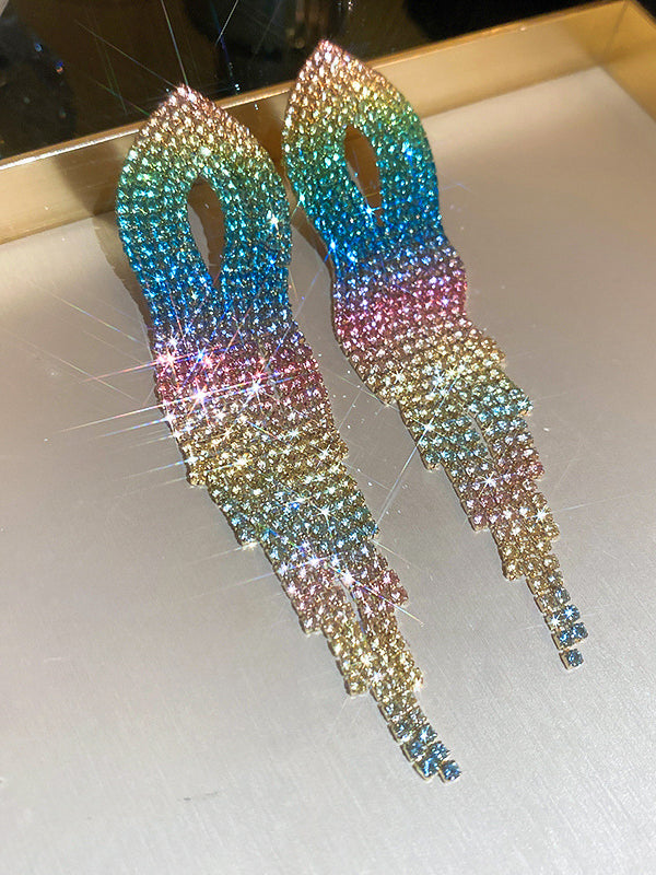 Gradient Hollow Rhine Stones Tasseled Drop Earrings