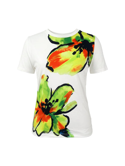 Short Sleeves Flower Print Round-Neck T-Shirts Tops