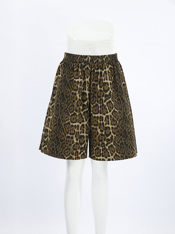 High Waisted Loose Elasticity Leopard Pockets Split-Joint Zipper Shorts Bottoms