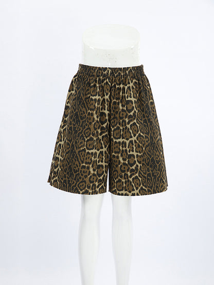 High Waisted Loose Elasticity Leopard Pockets Split-Joint Zipper Shorts Bottoms