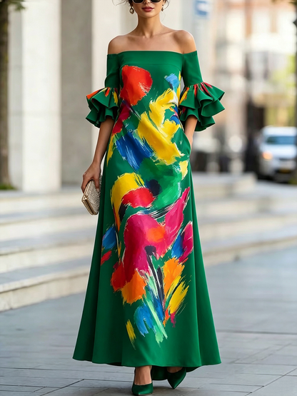 Zipper Printed Pockets Elasticity Contrast Color Ruffle Sleeves Half Sleeves Off-the-shoulder Maxi Dresses