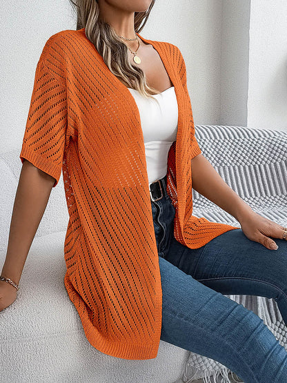 Half Sleeves Loose Hollow Solid Color Cardigan Tops
