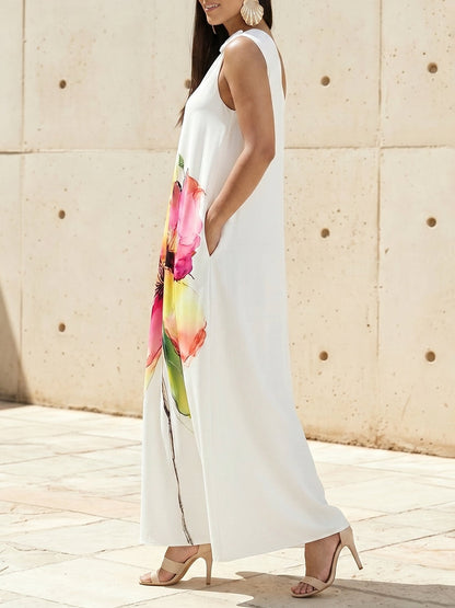 A-Line Loose Buckle Contrast Color Flower Print Pockets One-Shoulder Maxi Dresses