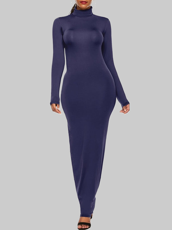Bodycon Long Sleeves Solid Color High Neck Maxi Dresses