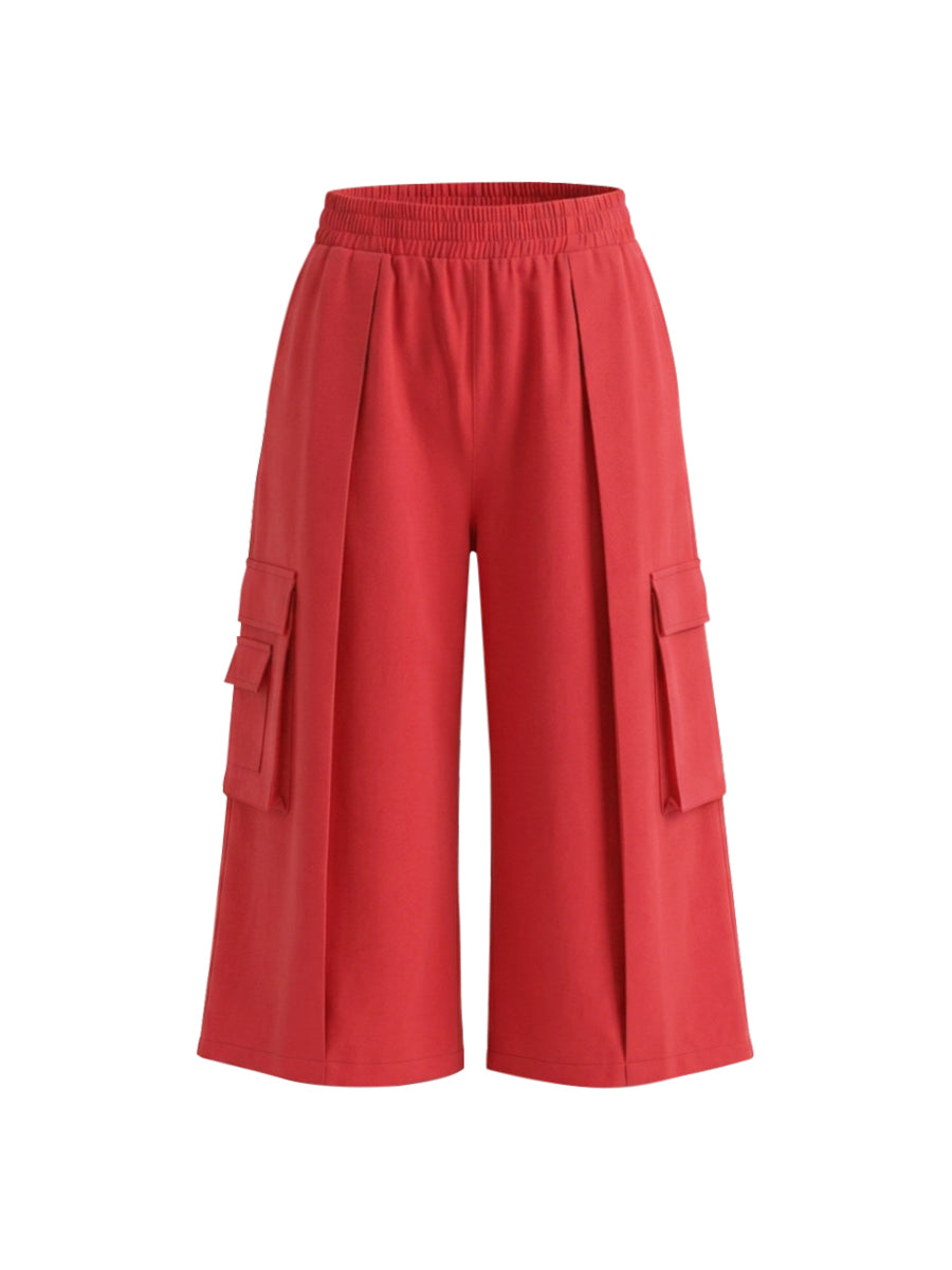 High Waisted Loose Elasticity Pockets Solid Color Pants Trousers