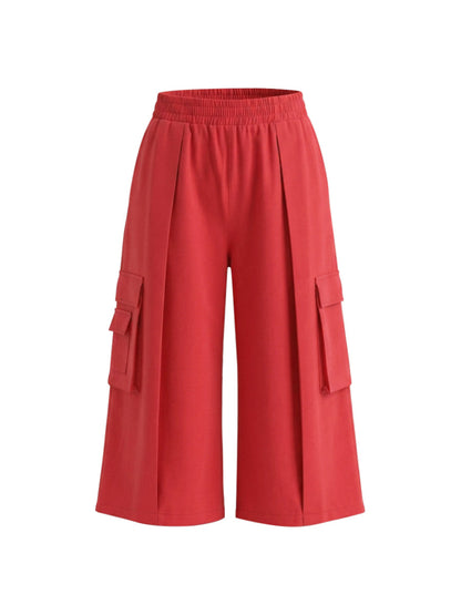 High Waisted Loose Elasticity Pockets Solid Color Pants Trousers