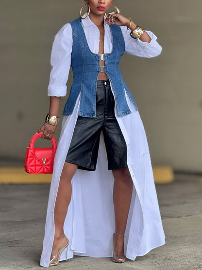 Loose Sleeveless Buckle Solid Color Split-Front U-Neck Vest Outerwear Vest Top