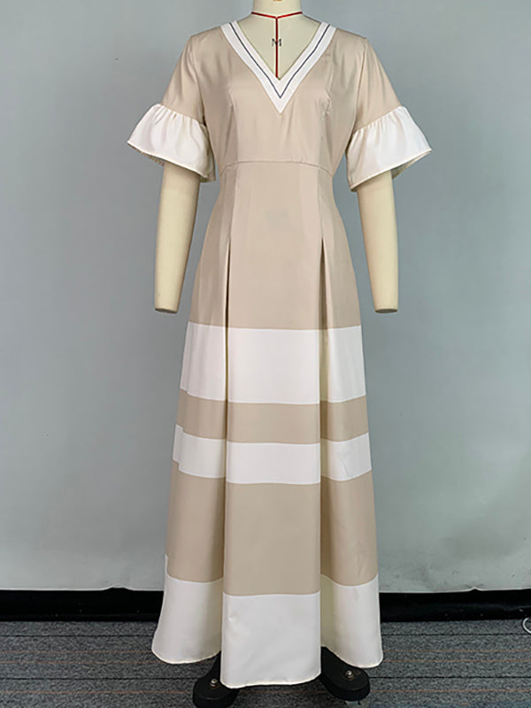 A-Line Flared Sleeves Contrast Color Pleated V-Neck Maxi Dresses