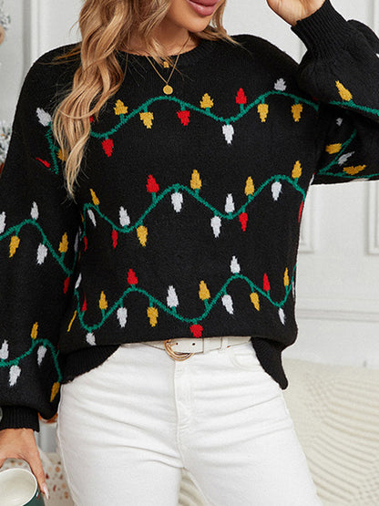 Long Sleeves Loose Contrast Color Round-Neck Pullovers Sweater Tops