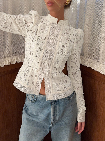 Long Sleeves Crochet Hollow Knot Solid Color Split-Joint Stand Collar Blouses&Shirts Tops