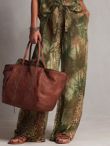 High Waisted Wide Leg Contrast Color Elasticity Leopard Pockets Pants Trousers