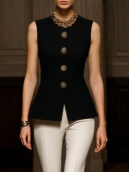 Sleeveless Buttoned Solid Color Round-Neck Vest Top