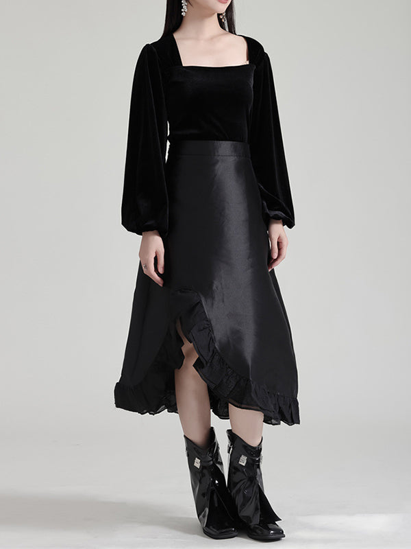 High Waisted Asymmetric Ruffled Solid Color Split-Joint Skirts Bottoms