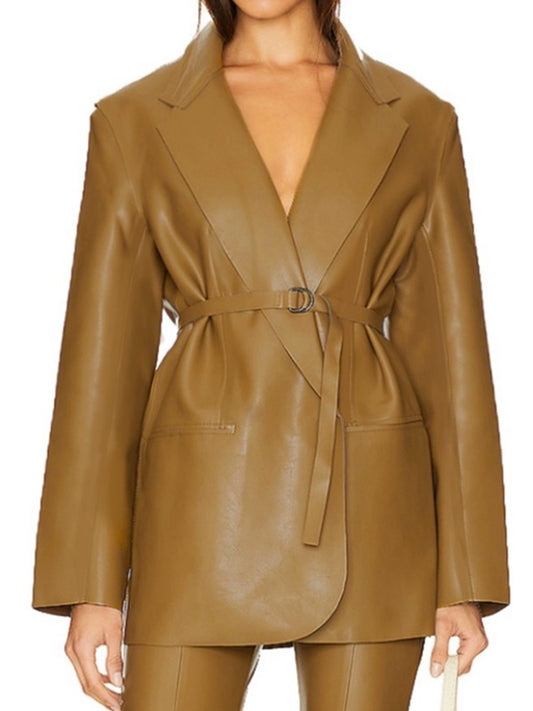 Long Sleeves Loose Belted Pockets Solid Color Notched Collar Blazer Outerwear