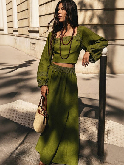 Split-side Solid Color Backless Long Sleeves High Waisted Square-neck Two Pieces Set Skirts Bottoms + Blouses&shirts Tops