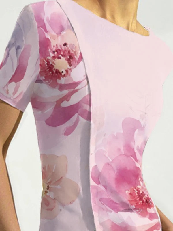 Short Sleeves Skinny Flower Print Split-Front Round-Neck T-Shirts Tops