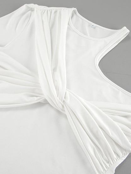 Long Sleeves Skinny Asymmetric Knot Pleated Solid Color Round-Neck T-Shirts Tops