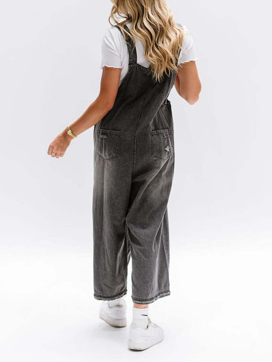 Cropped Wide Leg Buttoned Pockets Solid Color Adjustable Straps Overalls