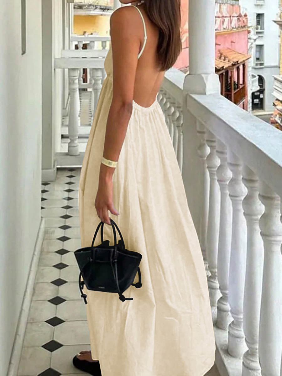 Solid Color Pleated Elasticity Backless Sleeveless High Waisted Spaghetti-Neck Midi Dresses