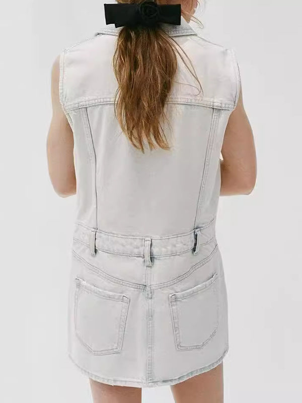 High Waisted Loose Asymmetric Buttoned Pockets Split-Joint Lapel Mini Dresses