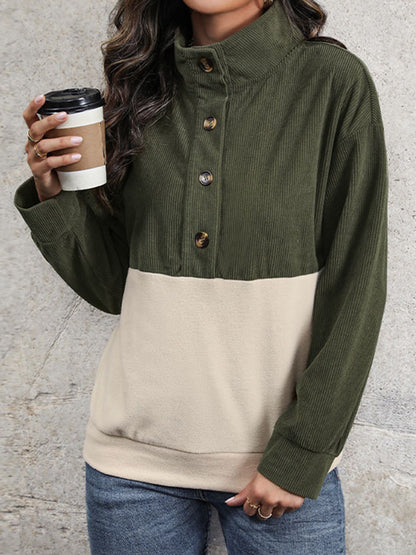 Long Sleeves Loose Buttoned Contrast Color Split-Joint Stand Collar Sweatshirt Tops