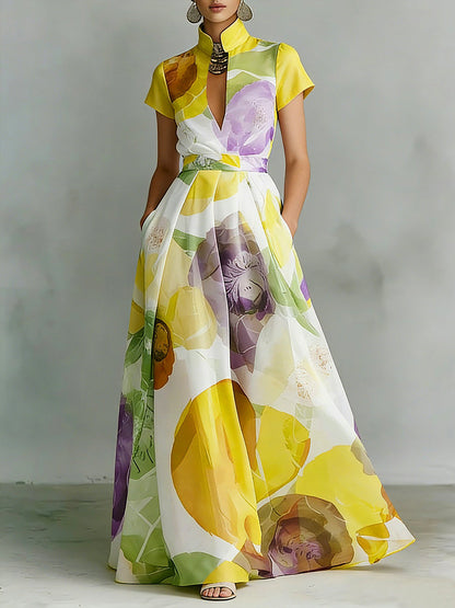 A-Line Loose Pleated Pockets Printed Zipper Stand Collar Maxi Dresses