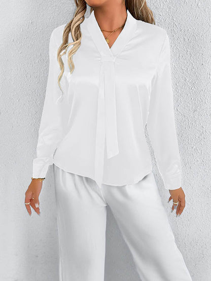 Long Sleeves Loose Solid Color Split-Joint Streamer Scarf Collar Blouses&Shirts Tops
