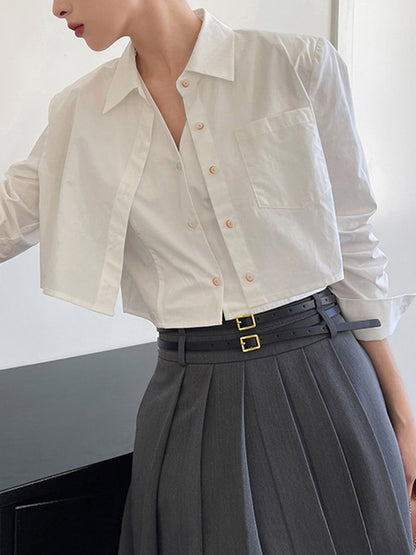 Lapel False Two Buttoned Pockets Solid Color Inner Shirts   Outerwear Blouses&Shirts Tops