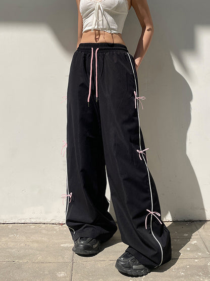 Loose Wide Leg Bowknot Drawstring Elasticity Split-Joint Pants Trousers