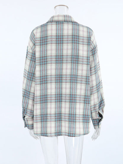 Long Sleeves Loose Buttoned Plaid Pockets Lapel Blouses&Shirts Tops Outerwear