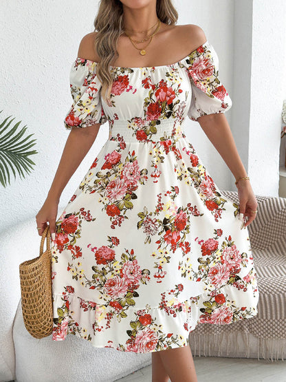 A-Line High Waisted Elasticity Floral Printed Pleated Ruffled Off-The-Shoulder Midi Dresses