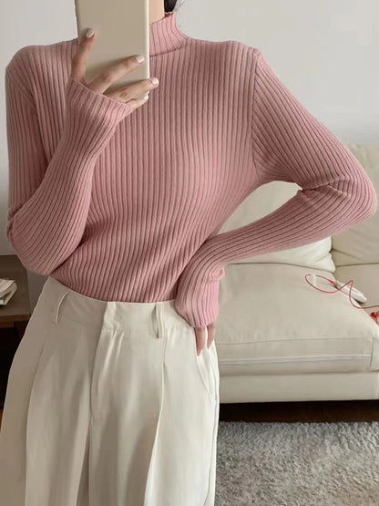 Long Sleeves Skinny Solid Color High-Neck Knitwear Pullovers Sweater Tops