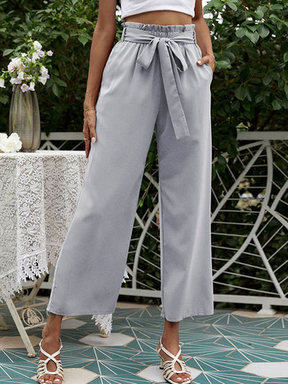 High Waisted Loose Pockets Solid Color Tied Waist Pants Trousers