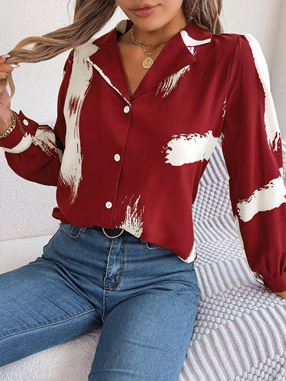 Long Sleeves Loose Buttoned Printed Notched Collar Blouses&Shirts Tops