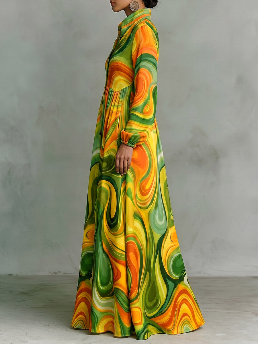 Printed Pockets Pleated Contrast Color Loose Long Sleeves Stand Collar Maxi Dresses