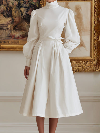 A-Line High Waisted Pleated Pockets Solid Color Tied Waist High Neck Midi Dresses