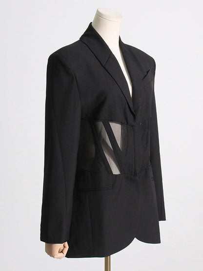 Long Sleeves Buckle Gauze See-Through Solid Color Split-Joint Notched Collar Blazer