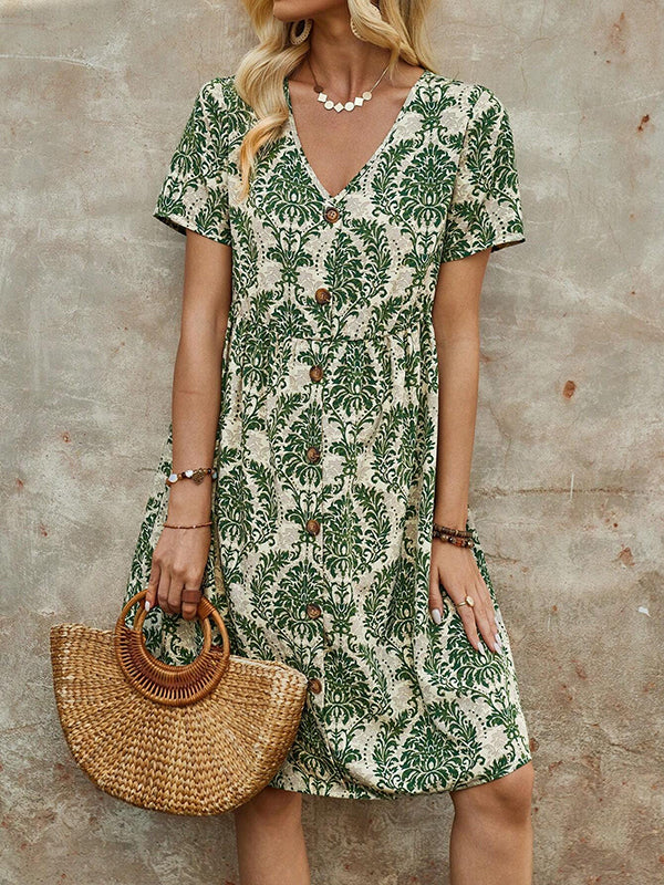 A-Line High Waisted Buttoned Pleated Printed Split-Joint V-Neck Mini Dresses