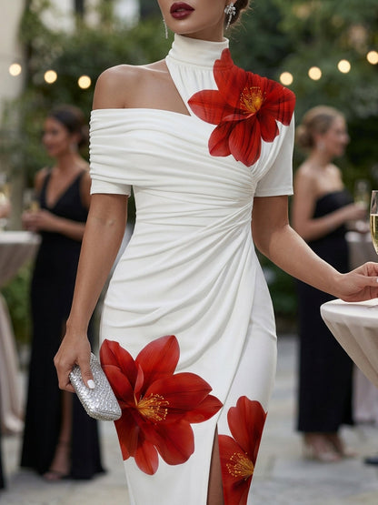 Bodycon Short Sleeves Flower Print Pleated Split-Front High Neck Midi Dresses