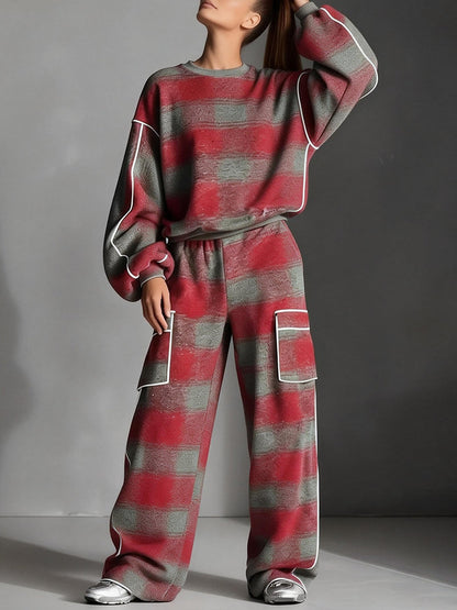 Loose Wide Leg Contrast Color Line Pockets Split-Joint Striped Pants