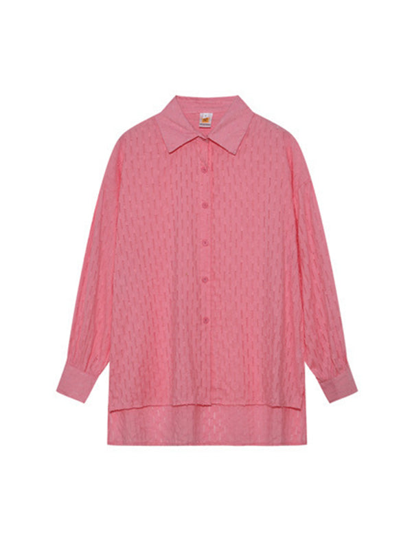 High-Low Long Sleeves Buttoned Jacquard Solid Color Lapel Shirts Top +Shorts Bottom Two Pieces Set