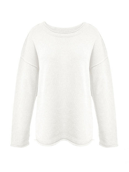 Long Sleeves Loose Solid Color Split-Joint Round-Neck Sweater Tops