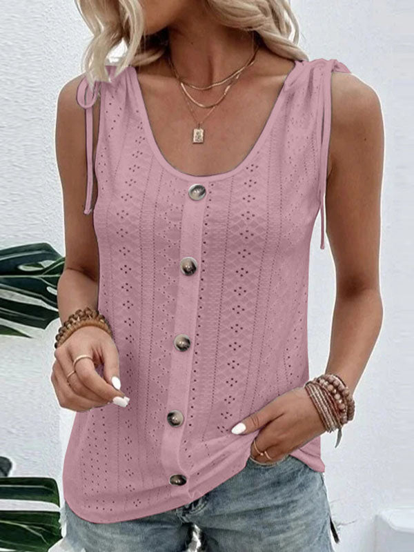 Loose Plus Size Buttoned Hollow Pleated Split-Joint Tied U-neck Vest Top