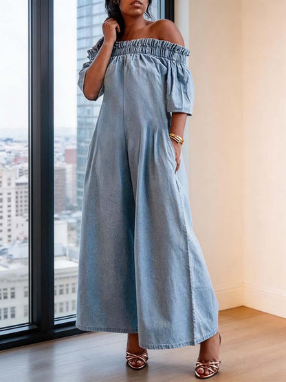 Loose Short Sleeves Pleated Solid Color Split-Joint Stretch; Elastic Off-The-Shoulder Jumpsuits