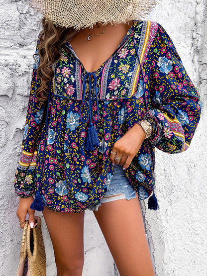 Long Sleeves Loose Contrast Color Elasticity Pleated Split-Joint Tied V-Neck Blouses&Shirts Tops