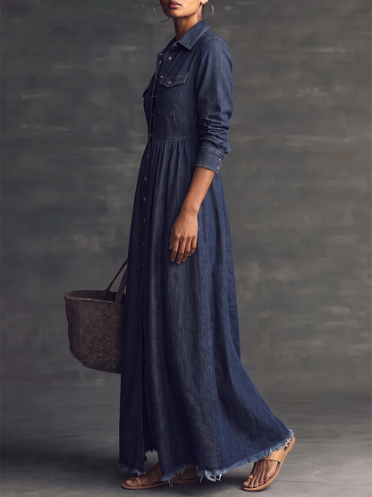 Split-Joint Solid Color Pockets Pleated Buttoned Long Sleeves A-line Lapel Maxi Dresses