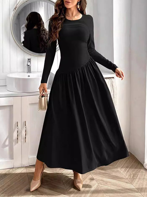 Long Sleeves Skinny Solid Color Split-Joint Round-Neck Maxi Dresses