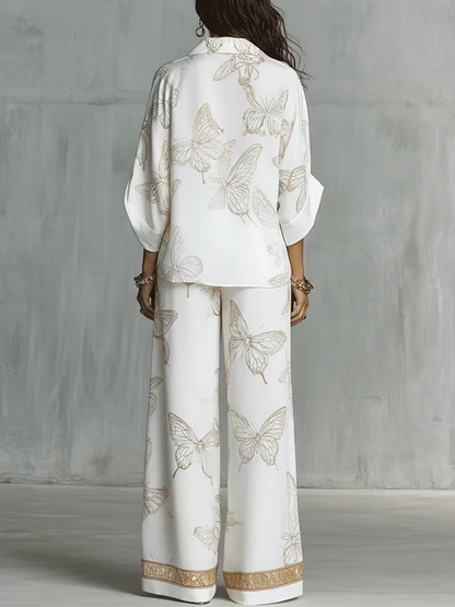 Long Sleeves Loose Butterfly Print Contrast Color Lapel Blouses&Shirts Tops